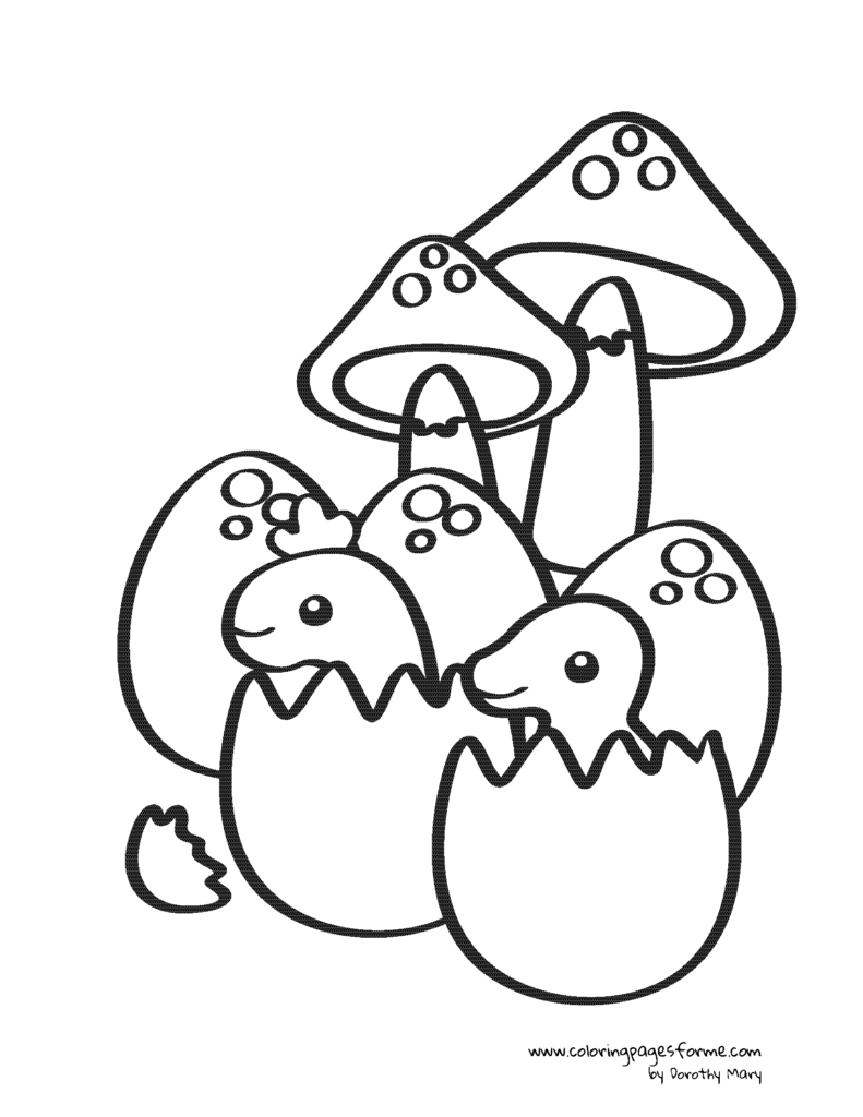 happy hatching dinosaurs in eggs and mushrooms