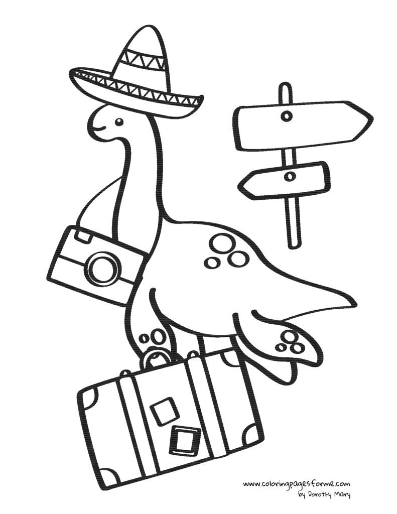 happy plesiosaurus dinosaur in hat travelling