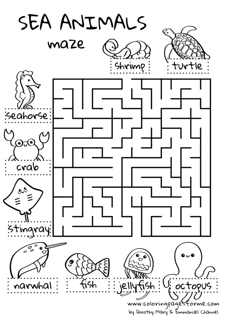 sea animals maze english worksheet