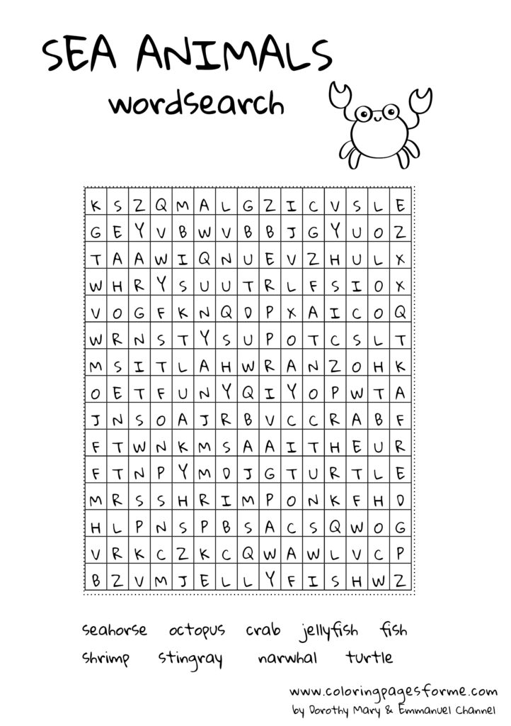 sea animals english worksheet wordsearch