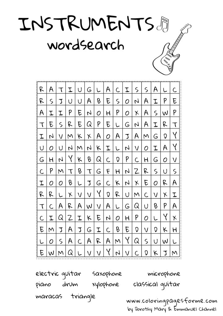 instruments english wordsearch worksheet