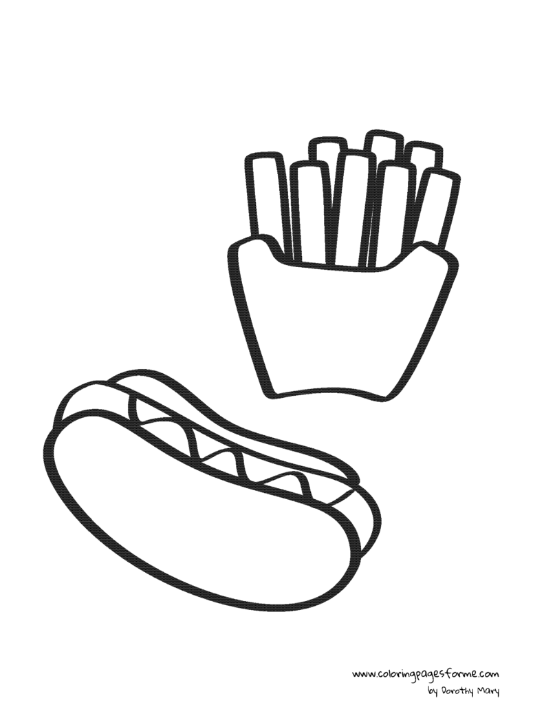 french fries and hot dog coloring page for kids - free and printable PDF
