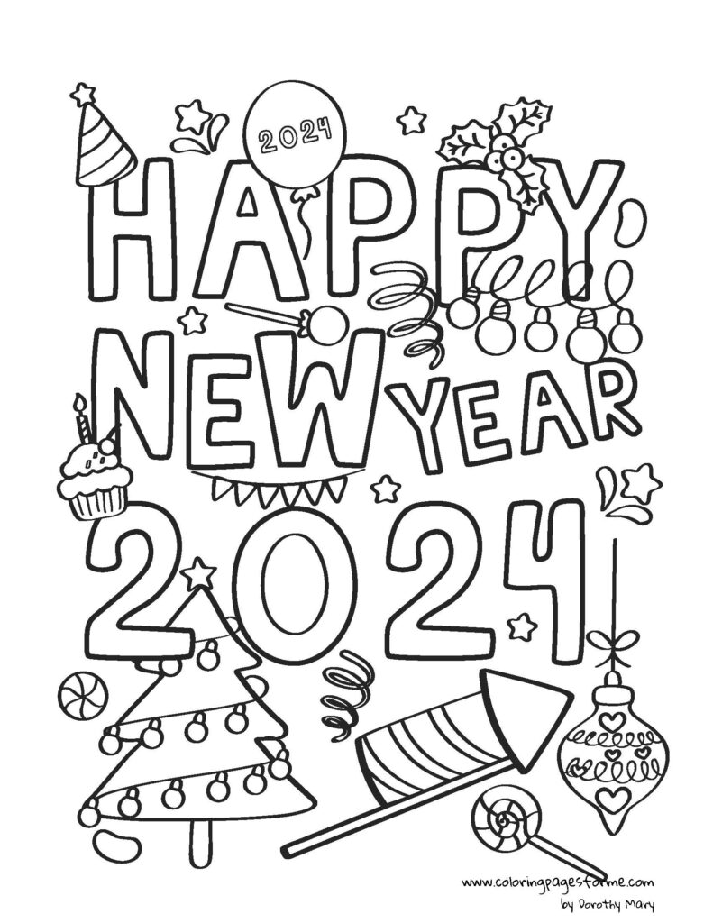 happy new year 2024 coloring page