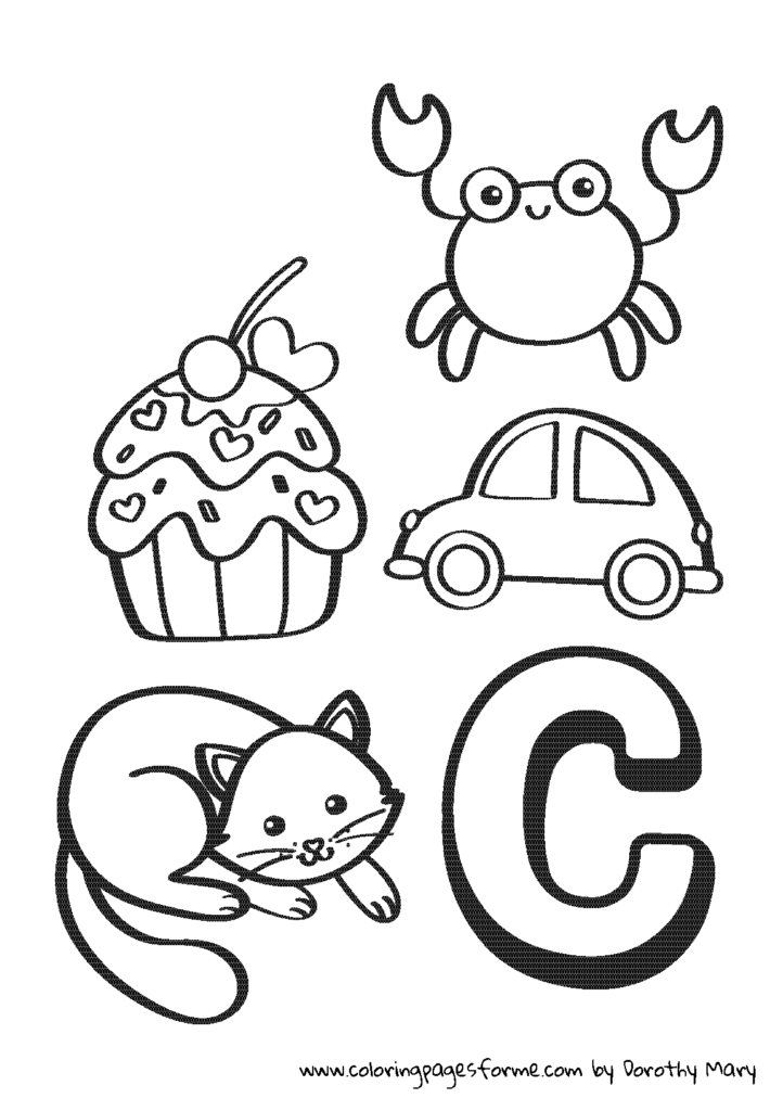 c letter coloring page crab cupcake car cat