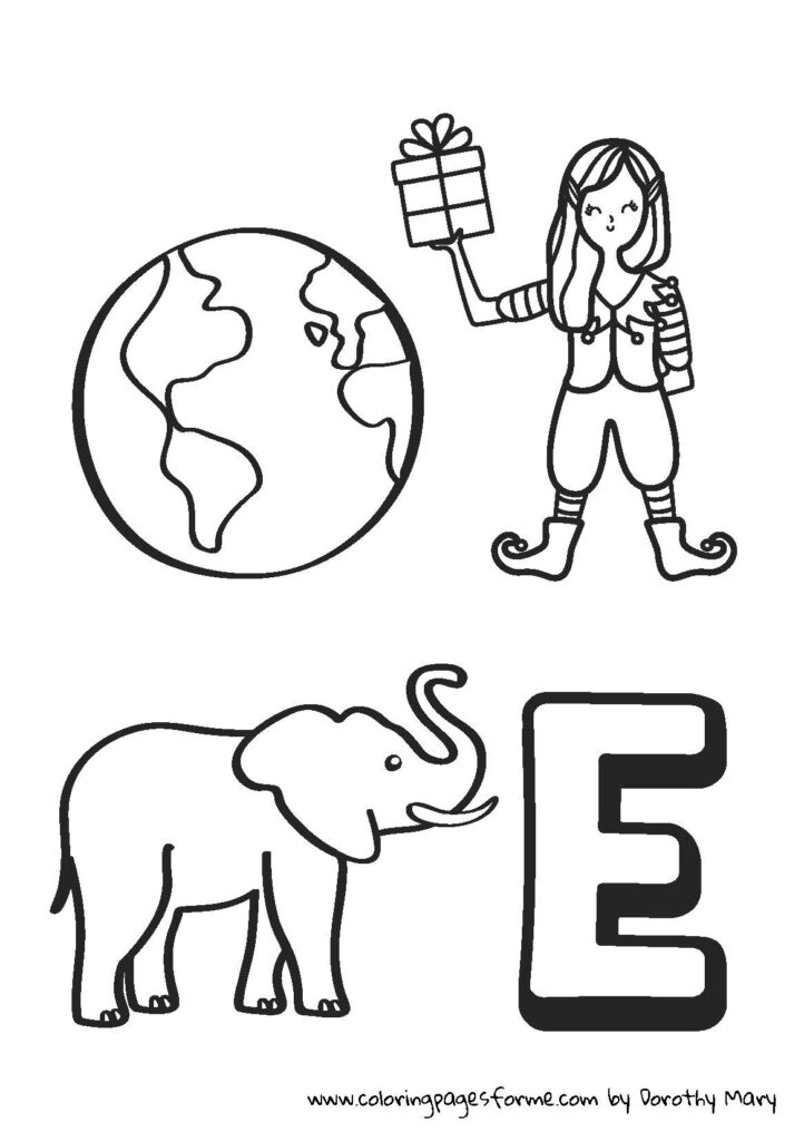 e letter coloring page earth elf elephant