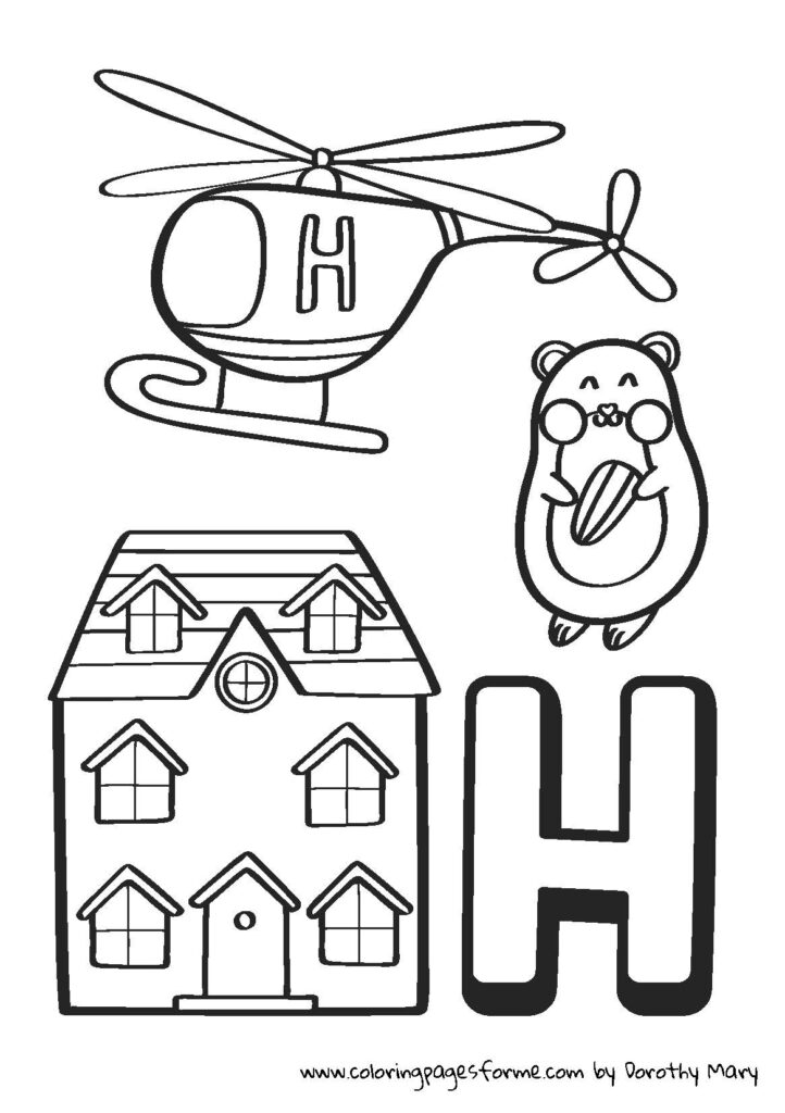 h letter coloring page helicopter hamster house home