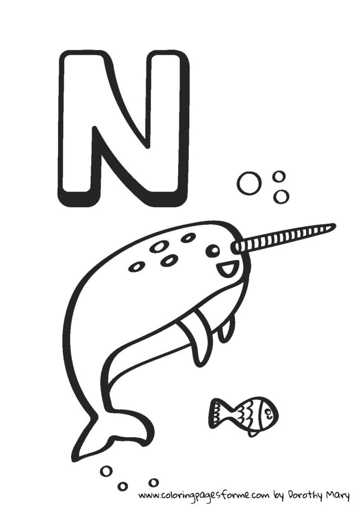 n letter coloring page narwhal