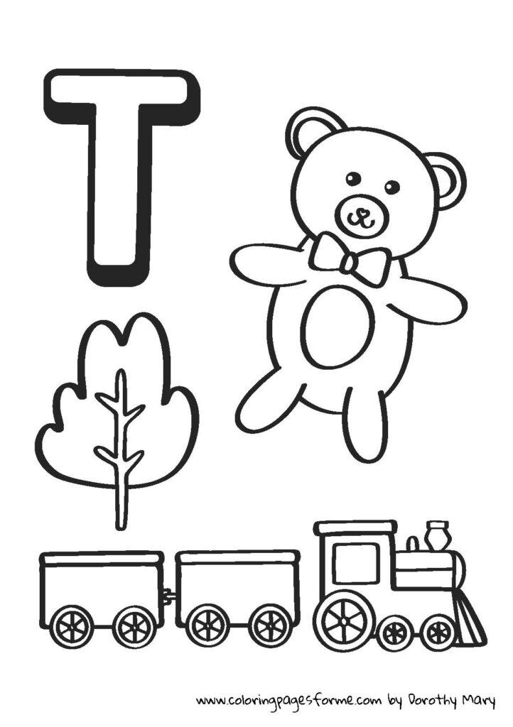 t letter coloring page teddy train tree