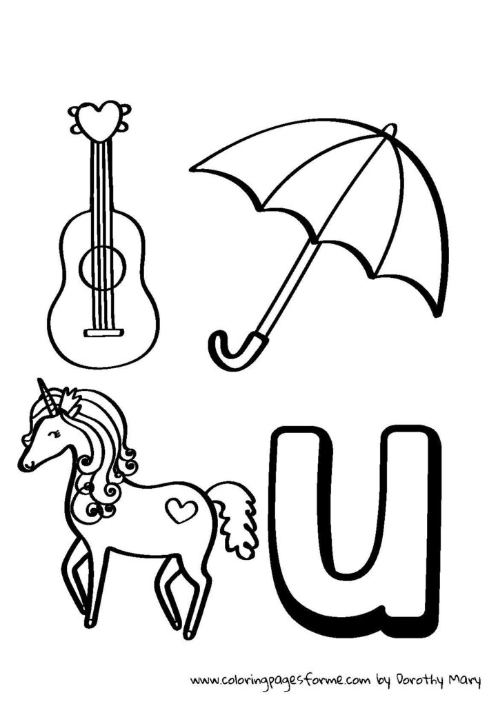 u letter coloring page ukulele umbrella unicorn