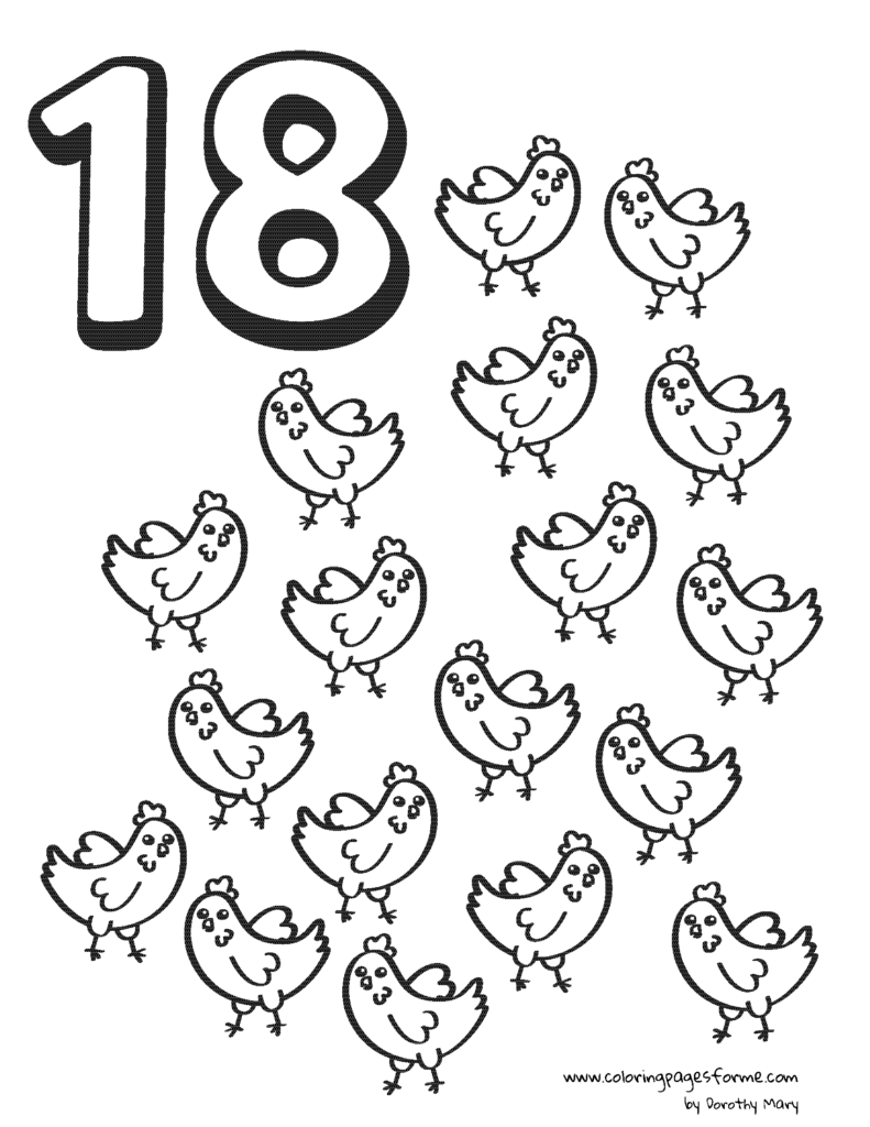 eighteen chickens number counting coloring page