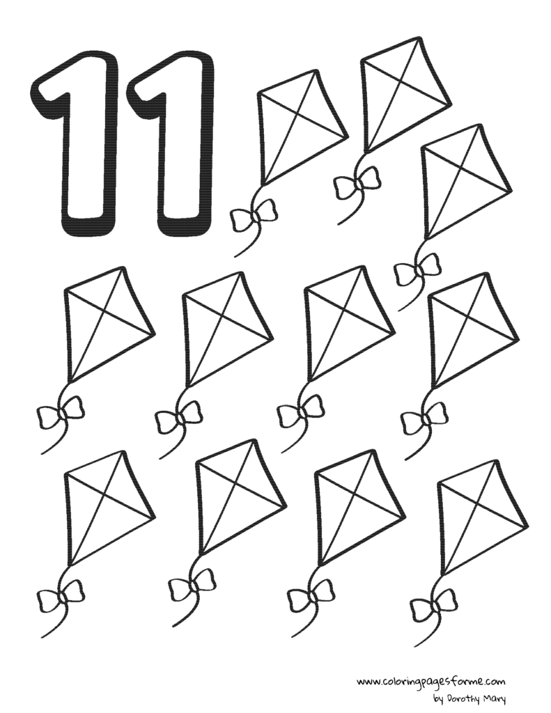eleven kites number counting coloring page