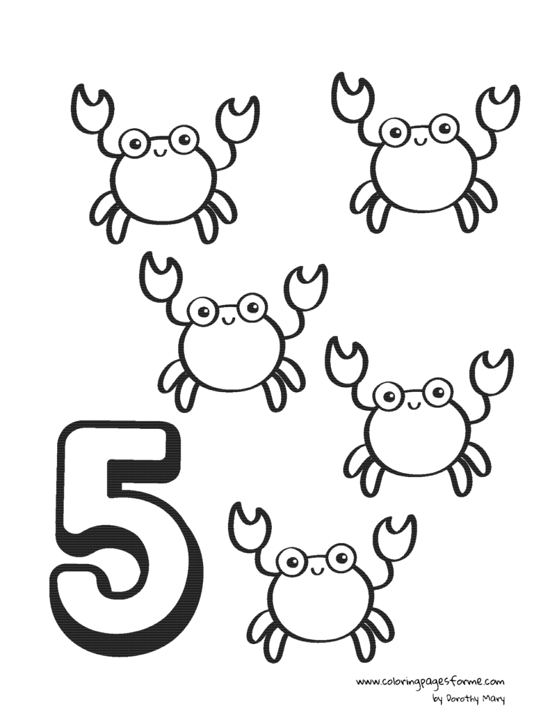 five crabs number counting coloring page