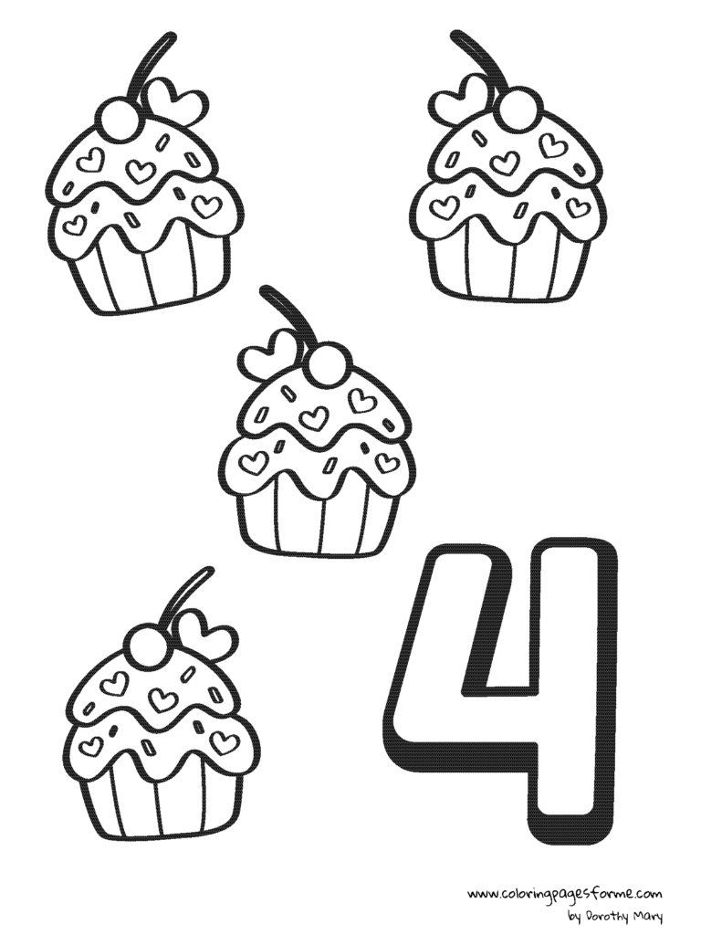 four cupcakes number counting coloring page