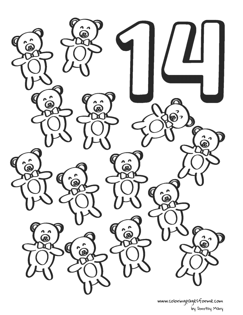 fourteen teddy bears coloring number counting page