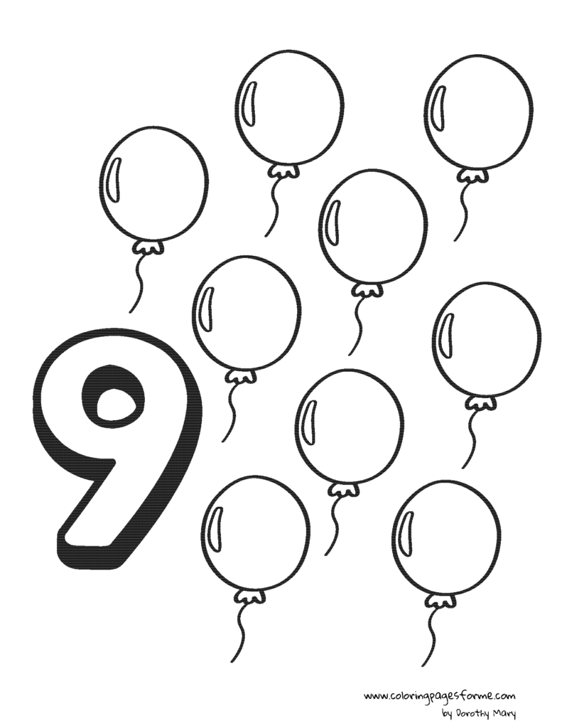 nine balloons number counting coloring page