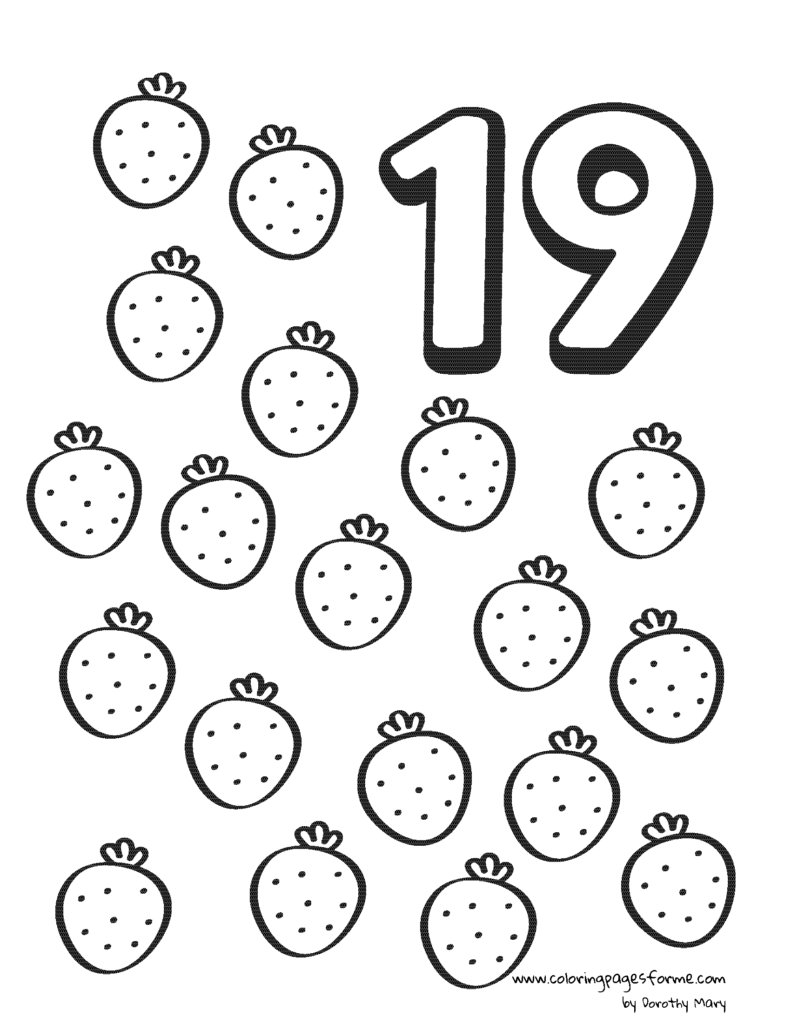 nineteen strawberries number counting coloring page