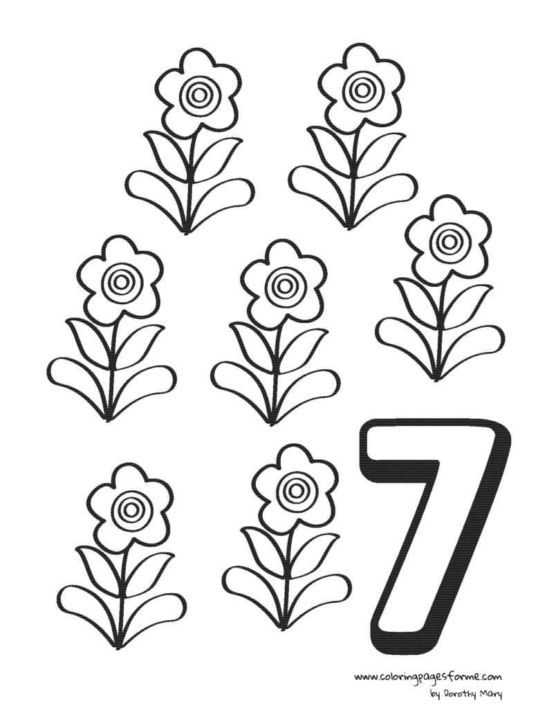 seven flowers number counting coloring page
