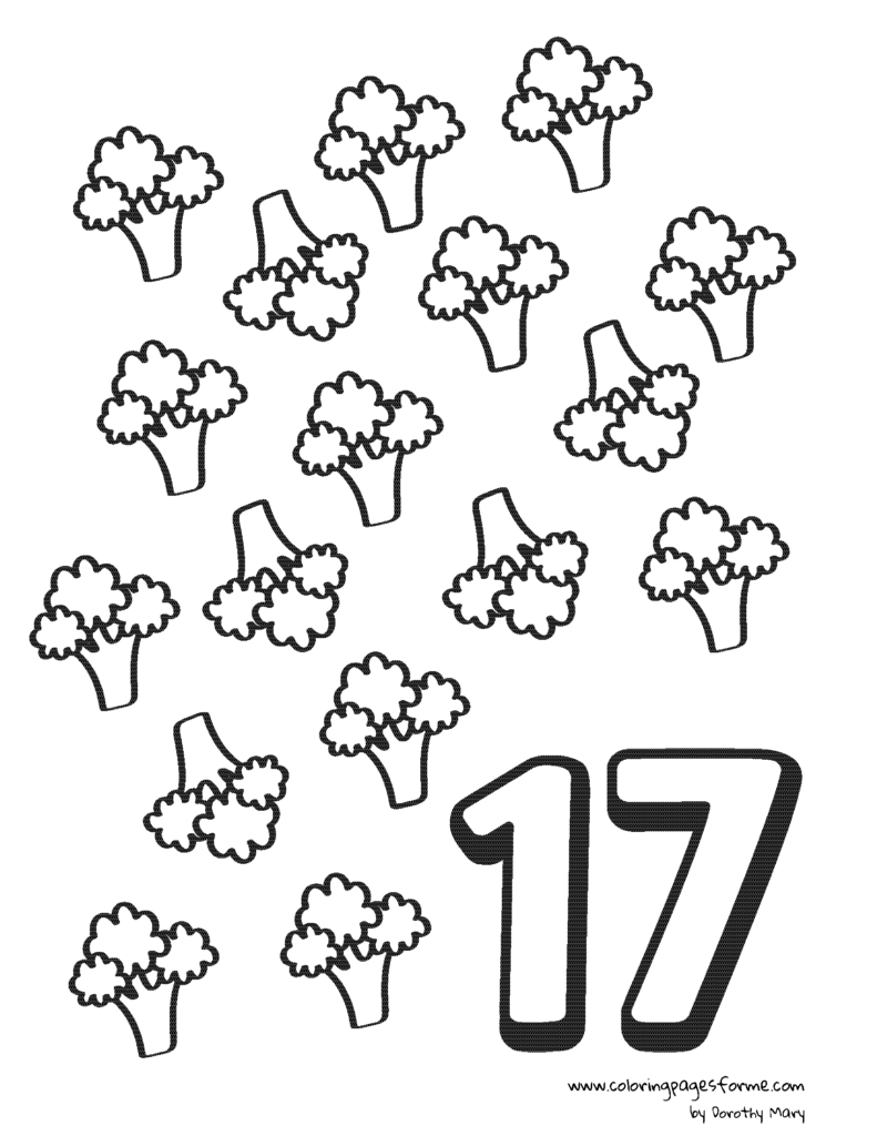 seventeen broccoli number counting coloring page