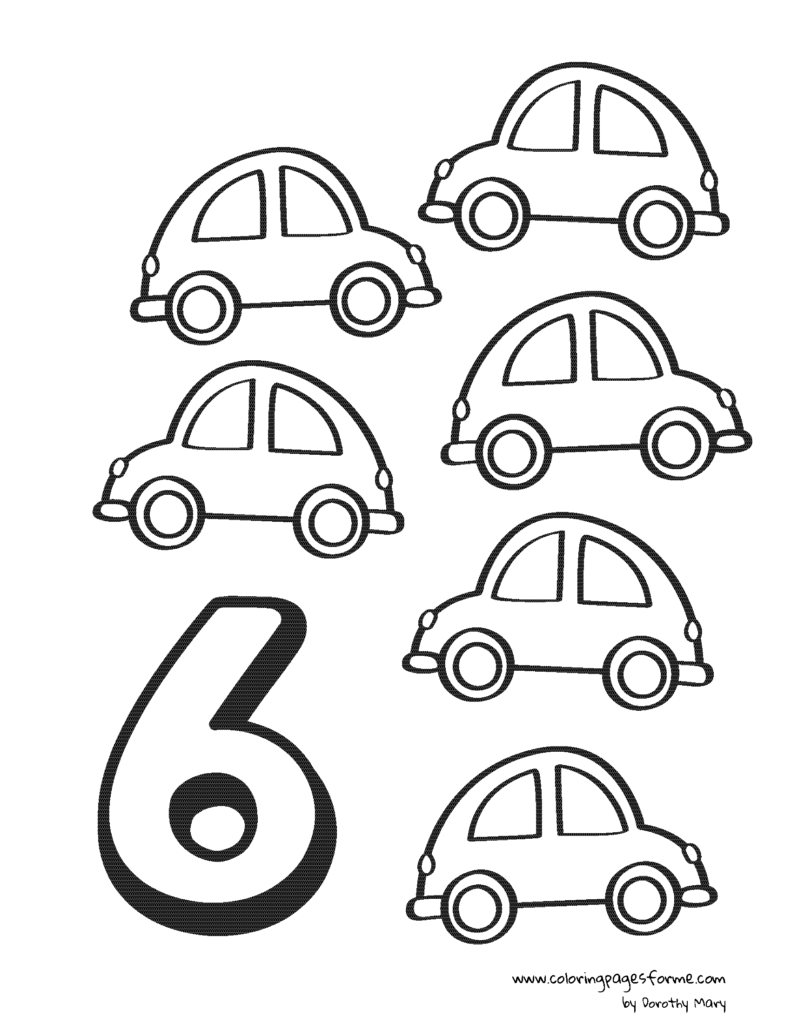 six cars number counting coloring page