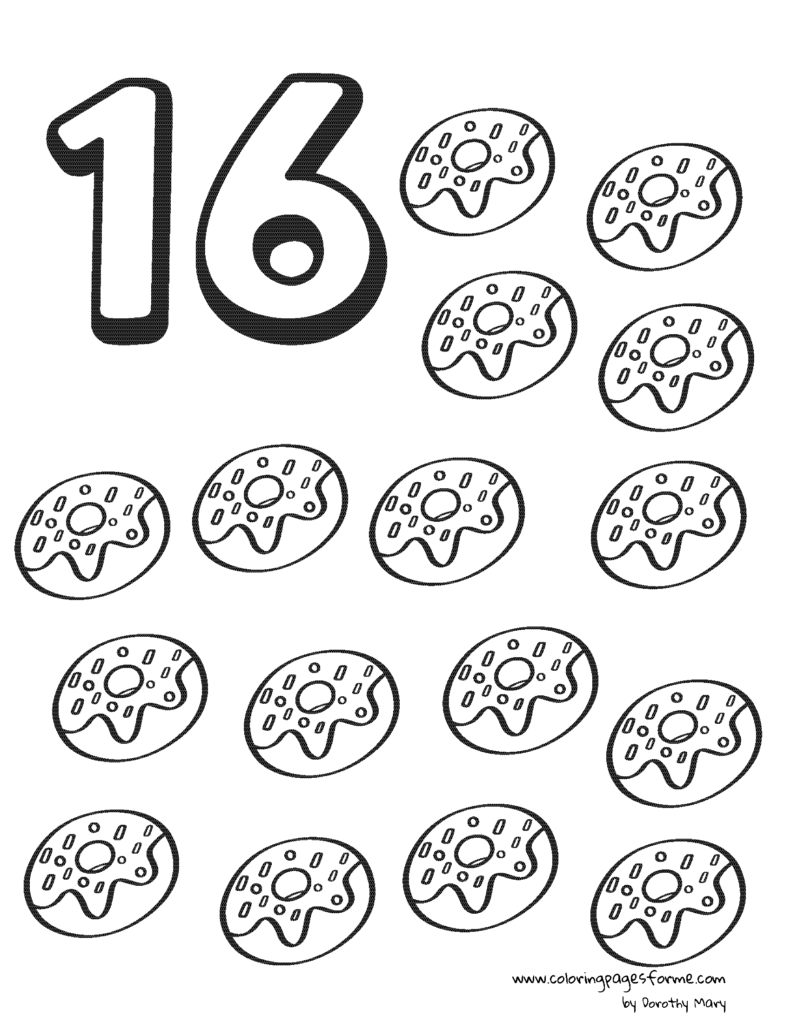 sixteen donuts number counting coloring page
