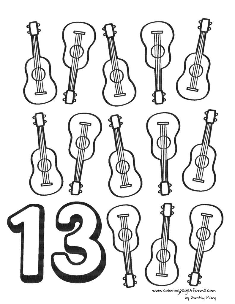 thirteen guitars number counting coloring page