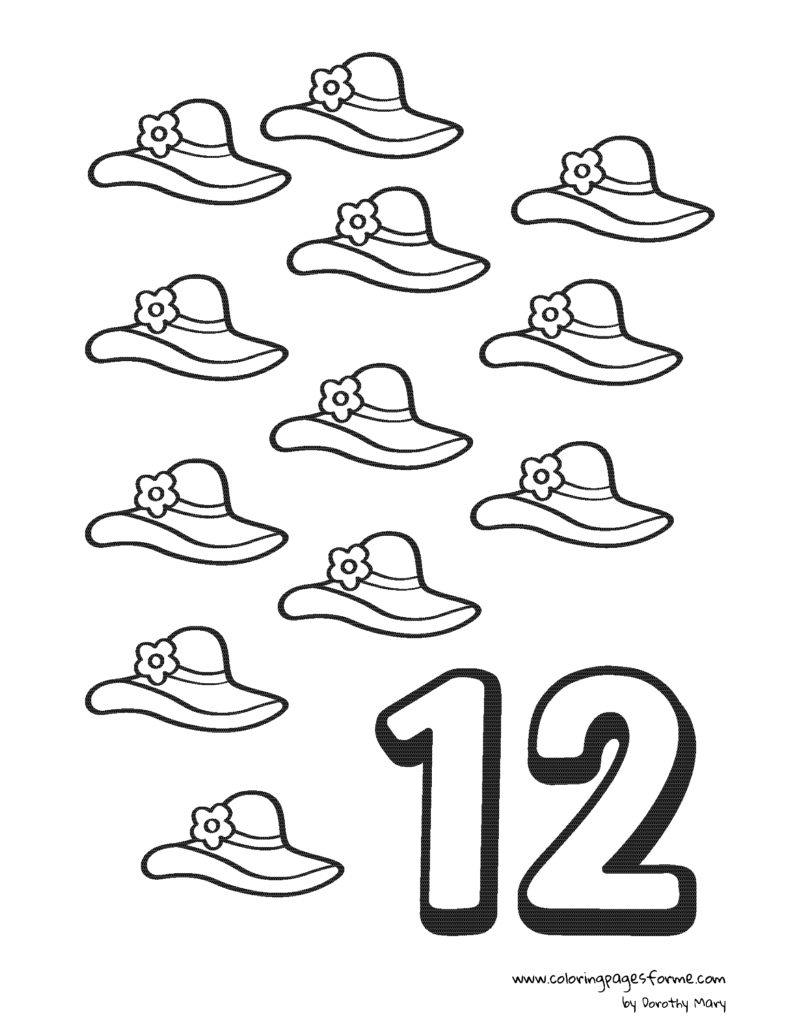 twelve hats number counting coloring page