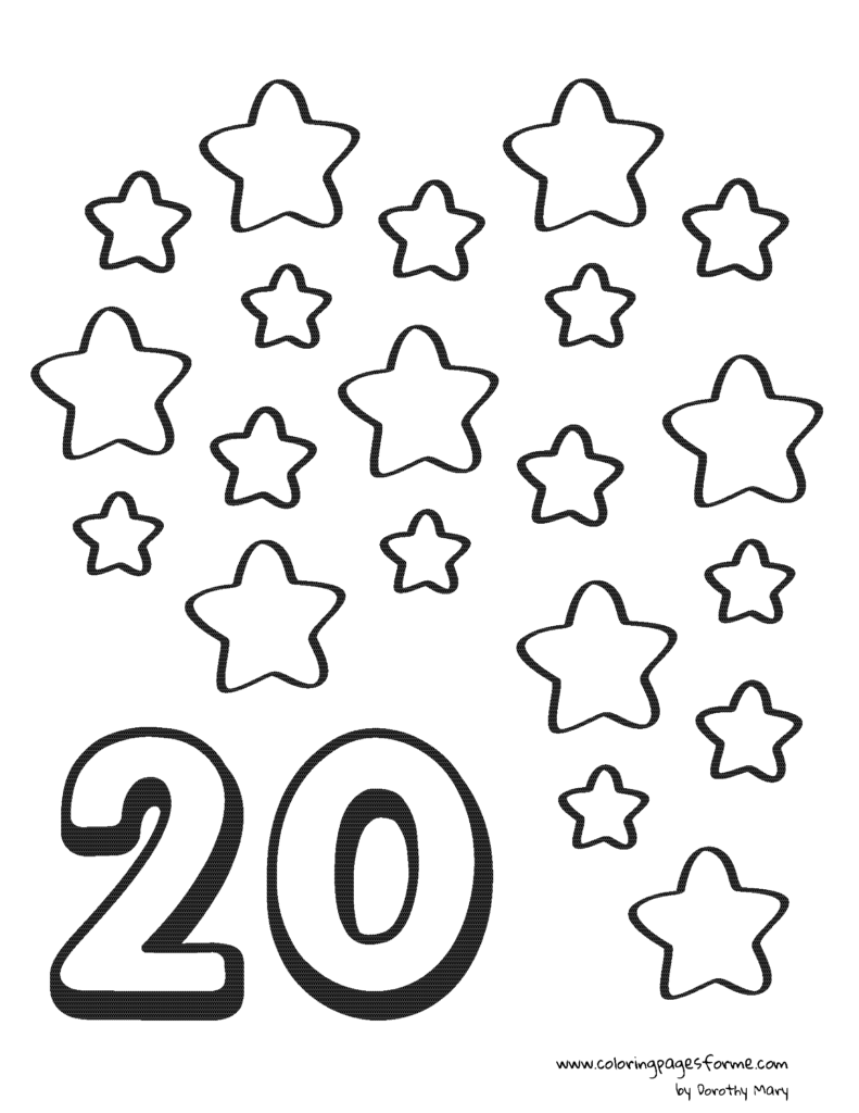 twenty stars number counting coloring page