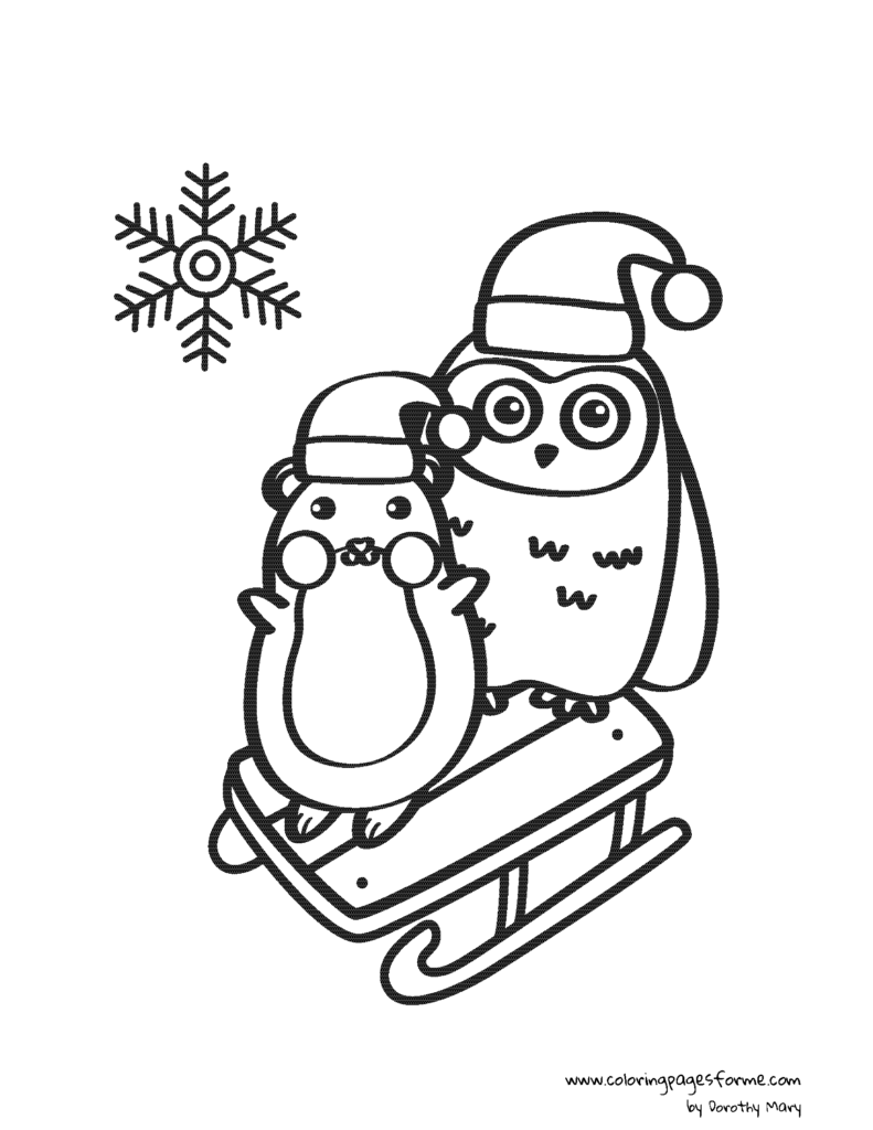 owl hamster and sled christmas coloring page