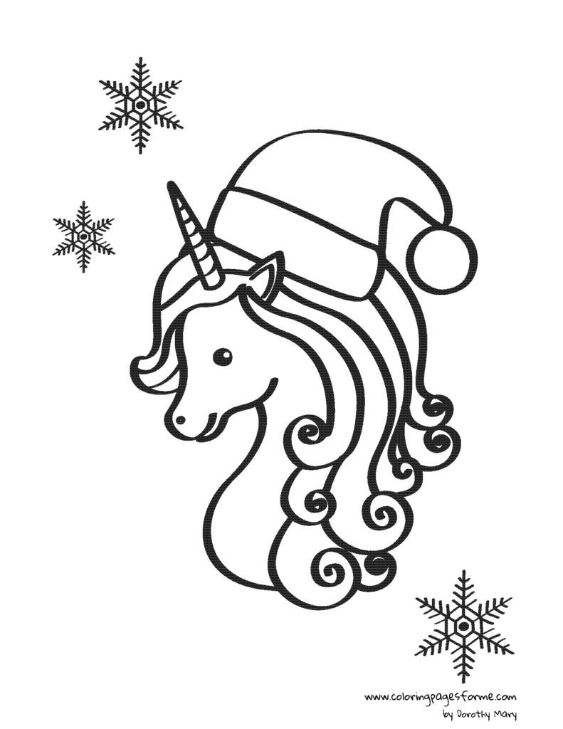 unicorn in a christmas hat coloring page