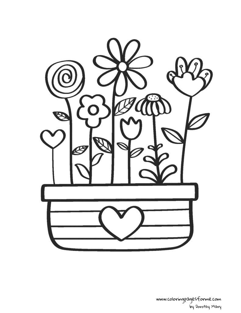 various flowers in a pot coloring page