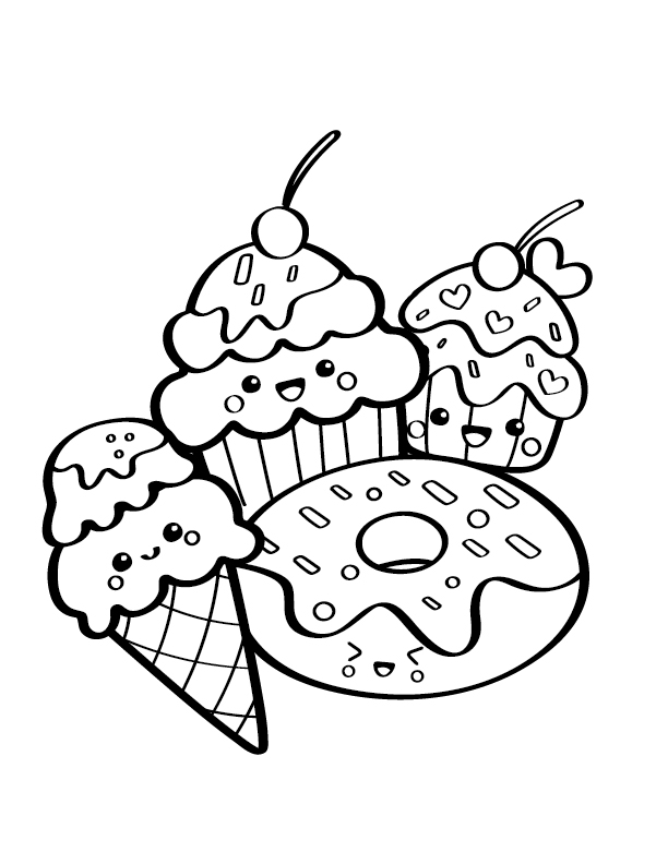 kawaii coloring pages for kids with ice-cream donut and cupcakes - free and printable