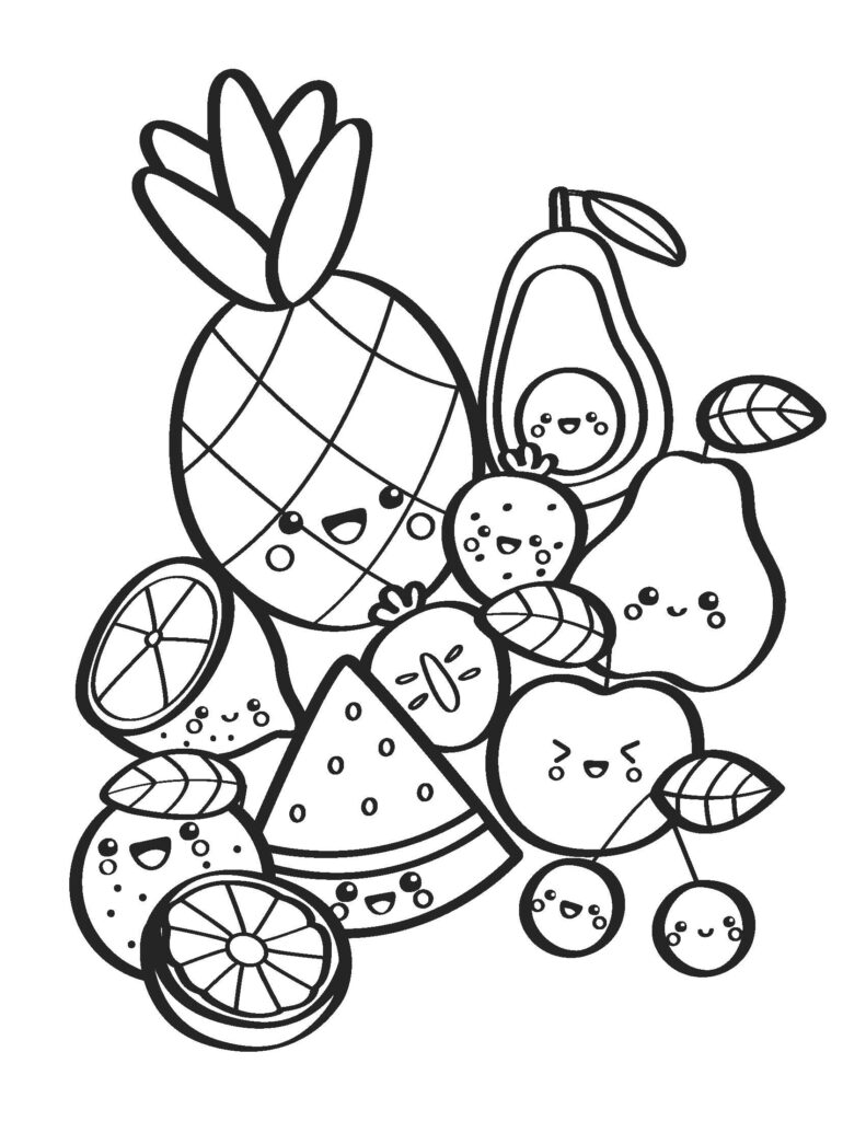 kawaii coloring page for kids with fruits like apple, pear, pineapple, lemon, cherry, orange, strawberry, watermelon, avocado