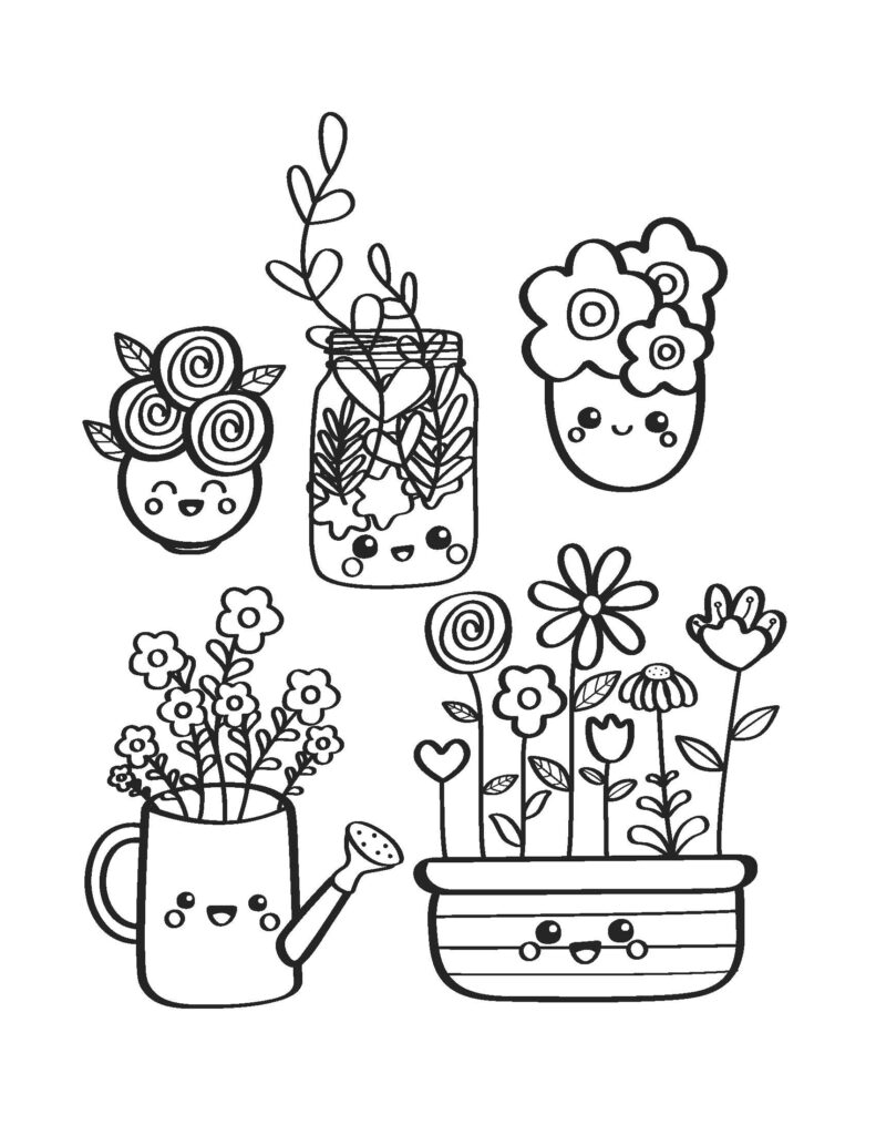 kawaii coloring pages for kids, plants, flowers in the pot and watering can