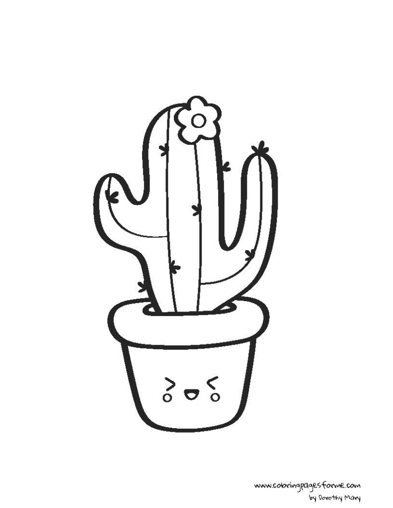 happy and cute kawaii cactus coloring page for kids
