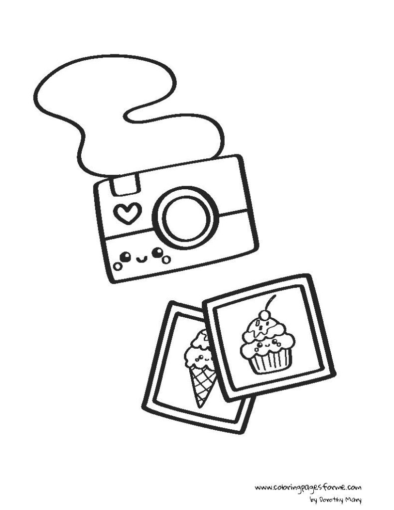 kawaii camera and photos coloring page for kids