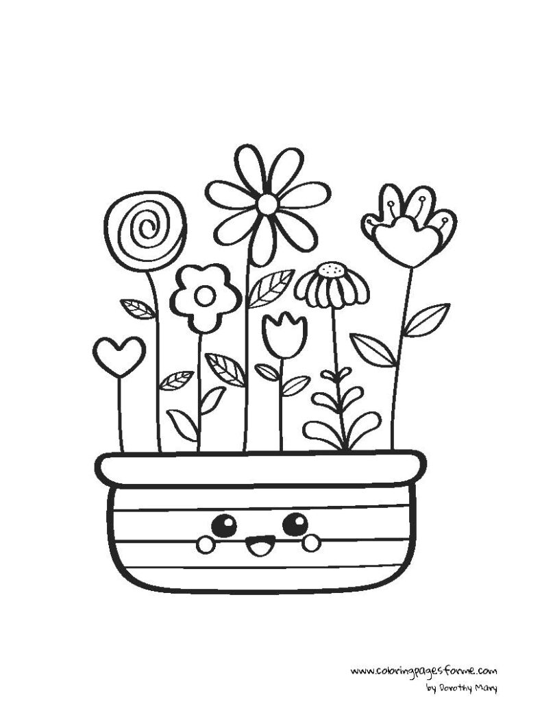 cute kawaii flowers in a long pot coloring page free and printable