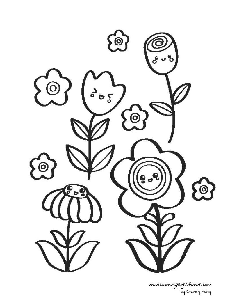cute kawaii flowers for kids free PDF coloring pages