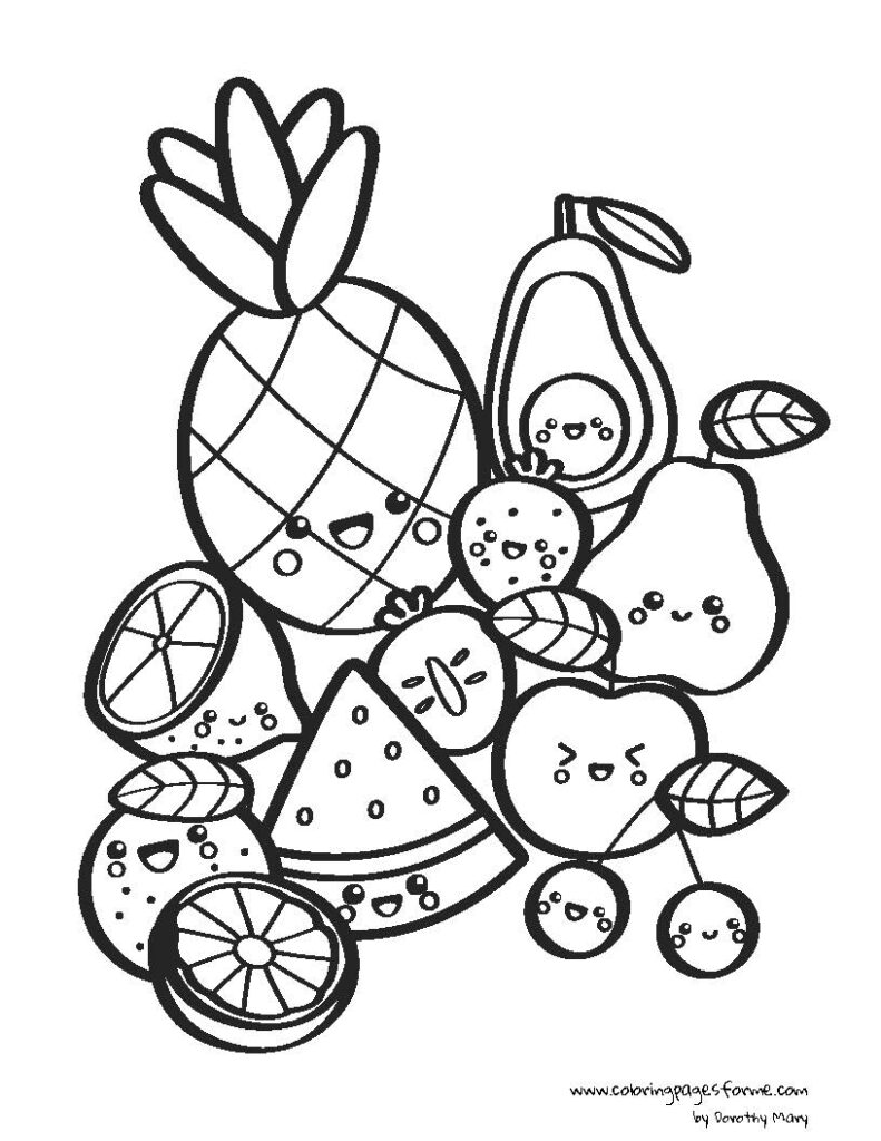 kawaii fruits coloring page for kids downloadable