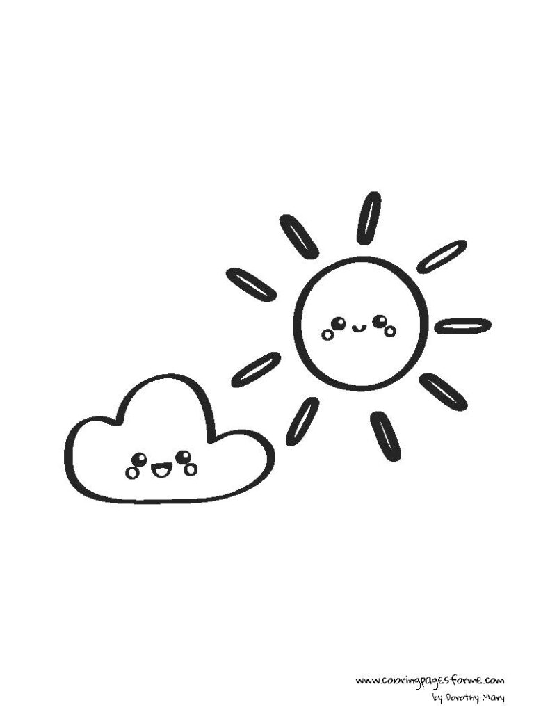 cute kawaii printable coloring page for kids with smiling sun and cloud