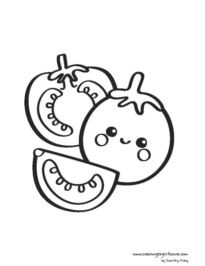 happy kawaii tomato coloring page easy printable PDF