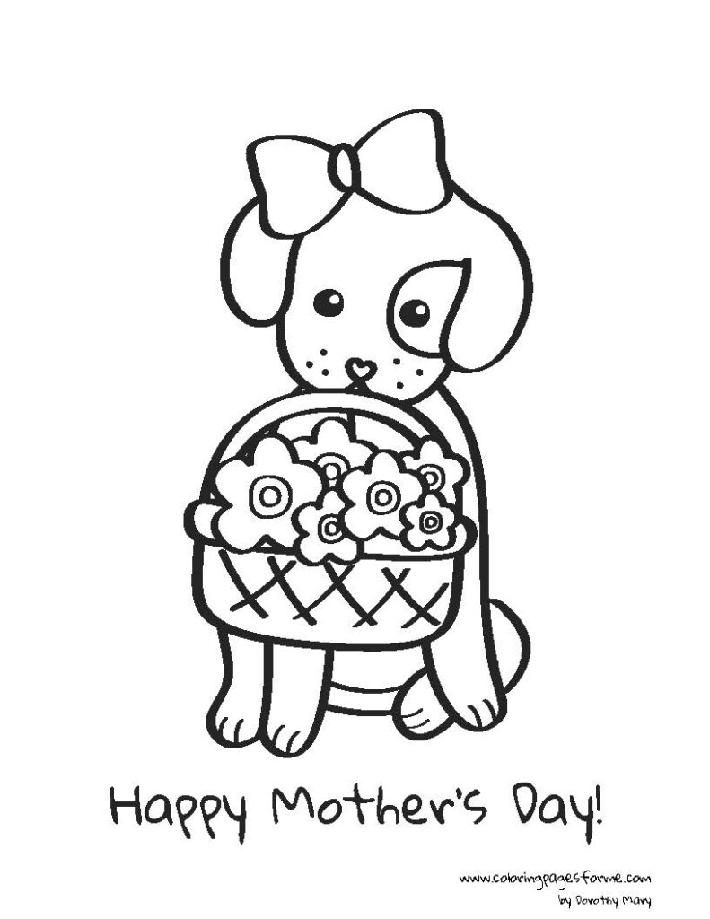 mothers day coloring page for kids dog with a basket full of flowers