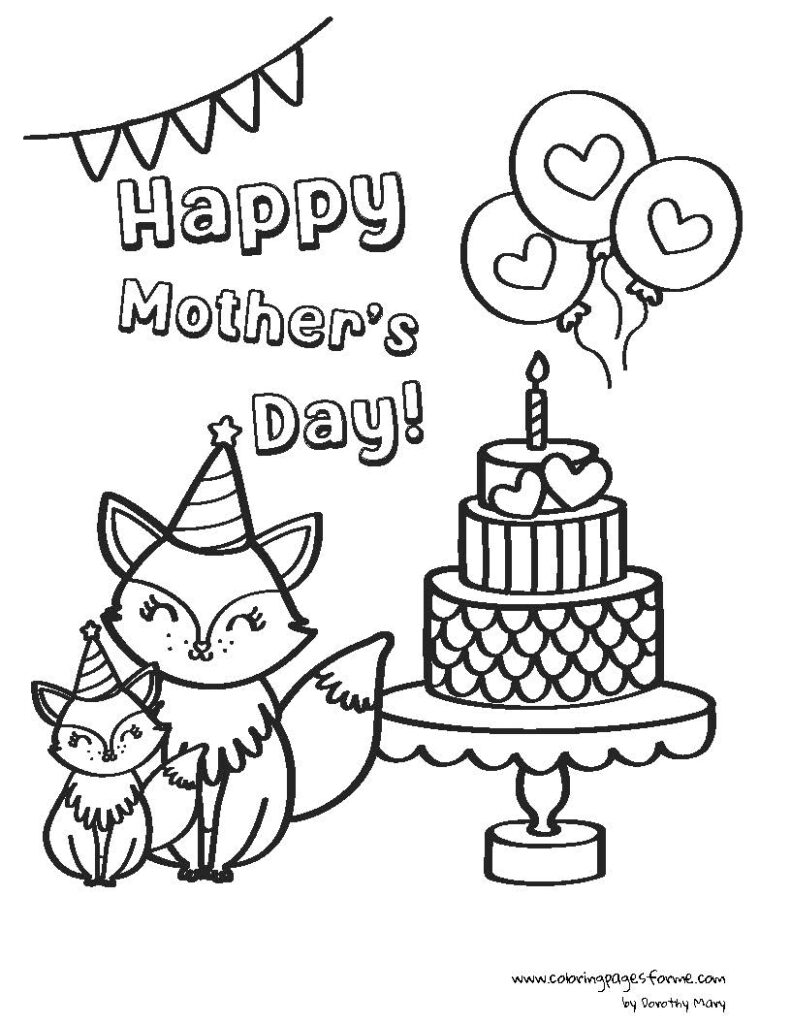 mothers day coloring page happy foxes - mum and kid at the party