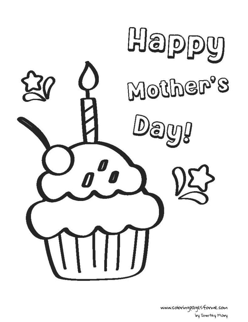 happy mothers day coloring page and a cupcake with a candle