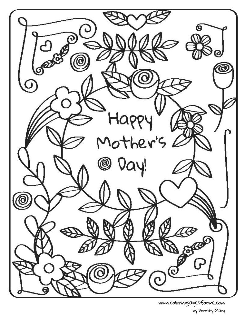 happy mothers day and flowers coloring page
