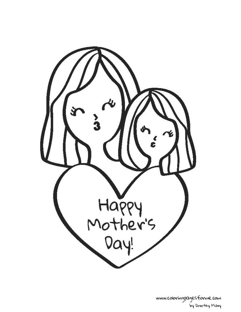 happy mothers day with mother daughter and a heart coloring page
