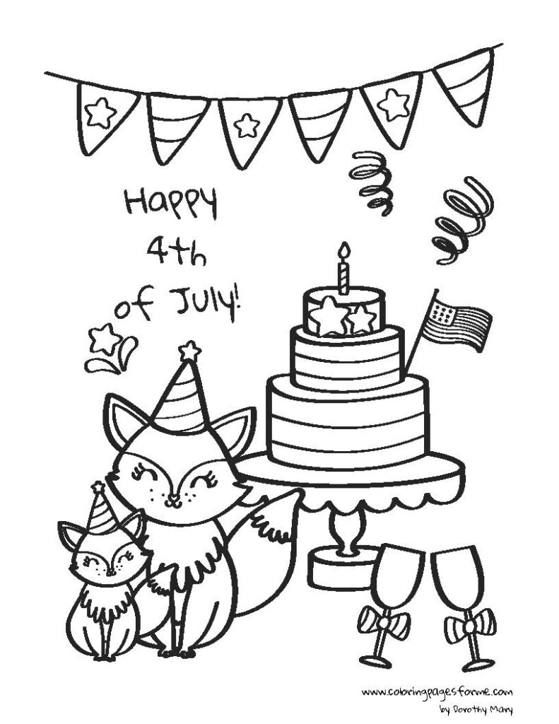free and printable 4th of july cute foxes celebrating coloring page