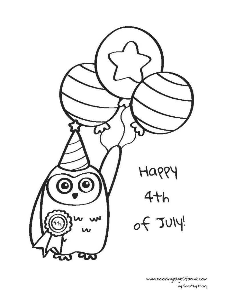 cute owl with balloon celebrating 4th of july coloring page for kids