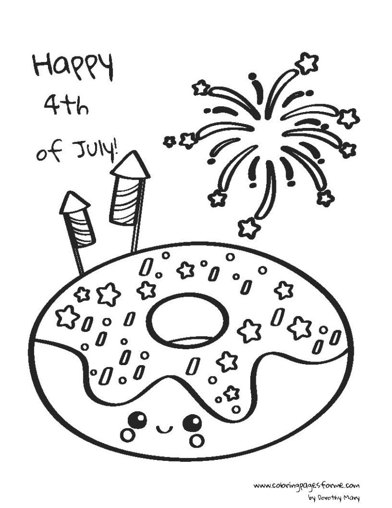 cute patriotic donut and fireworks coloring page for kids to download free PDF