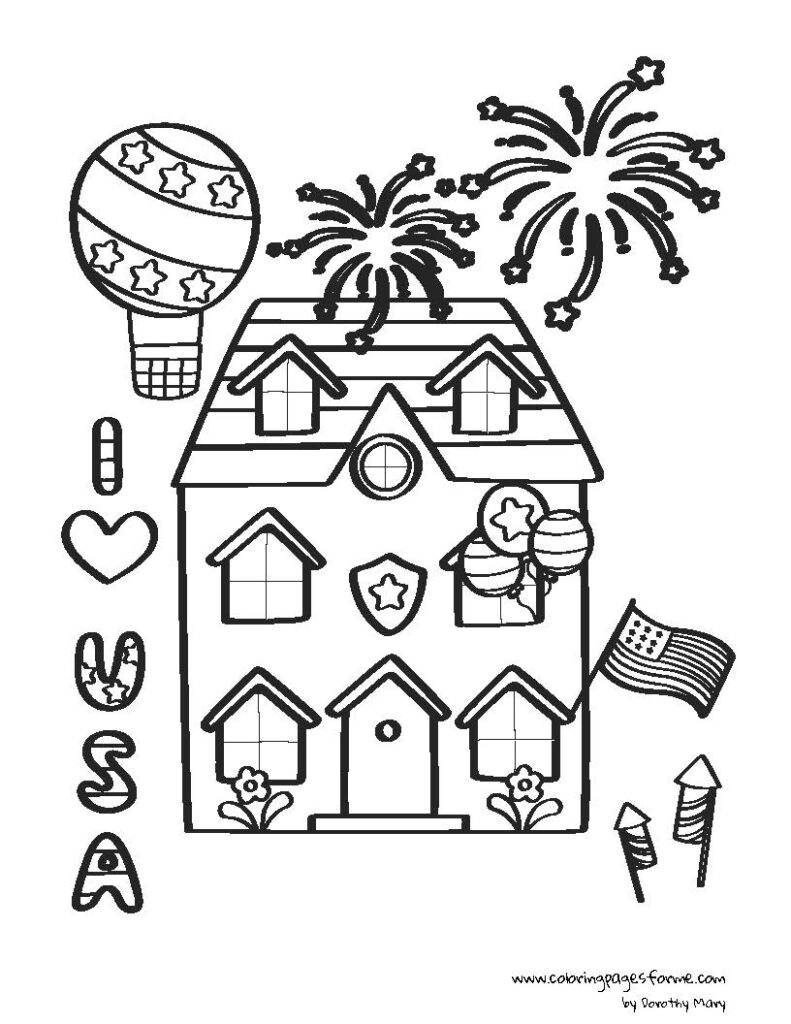 free and printable PDF with patriotic house and fireworks coloring page