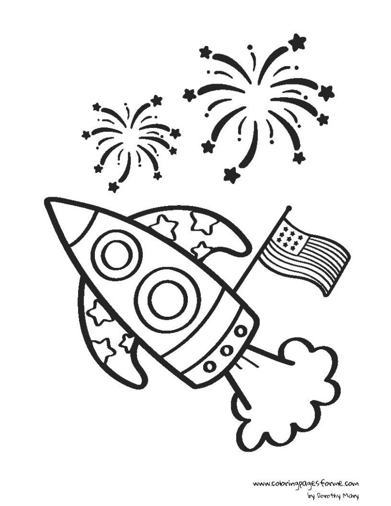 patriotic rocket with american flag and fireworks coloring page for kids